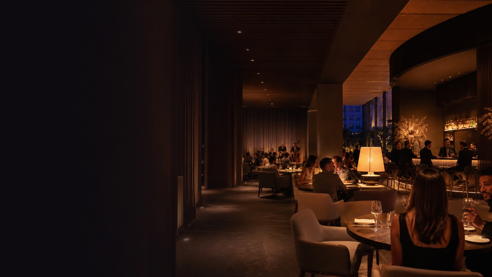 Restaurante e lobby-bar em operação representando Performance Sonora para Hospitalidade
